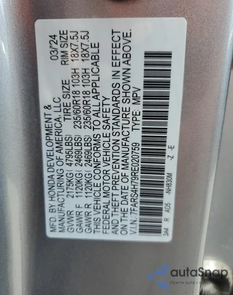 2024 Honda Cr-V Exl из США, поврежденный, VIN 7FARS4H79RE020759